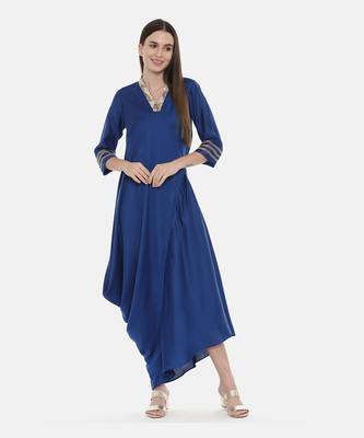 Blue Drape Linen Satin Dress 4