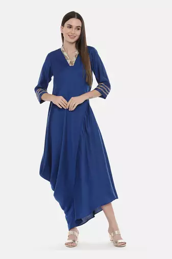 Blue Drape Linen Satin Dress