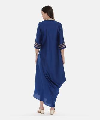 Blue Drape Linen Satin Dress 5
