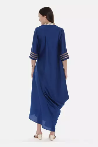 Blue Drape Linen Satin Dress
