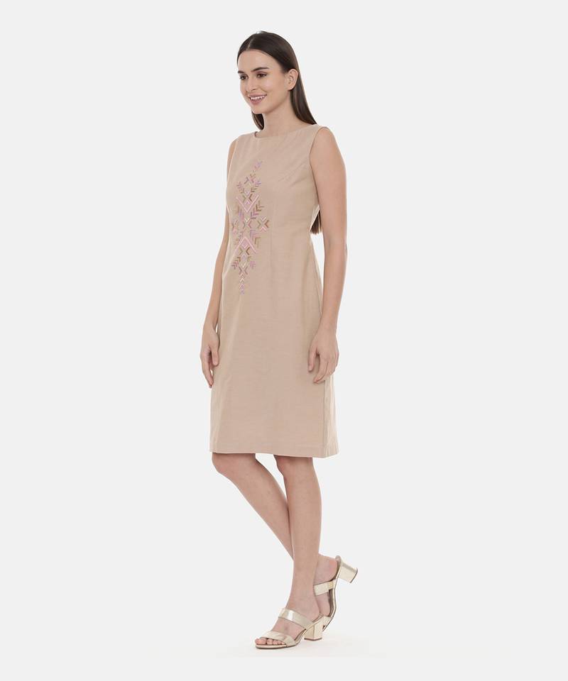 Beige Cotton Embroidered Dress