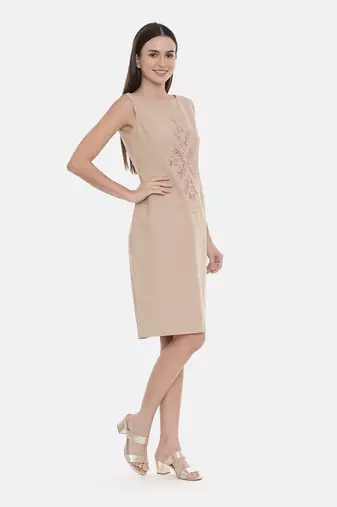 Beige Cotton Embroidered Dress