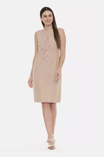 Beige Cotton Embroidered Dress