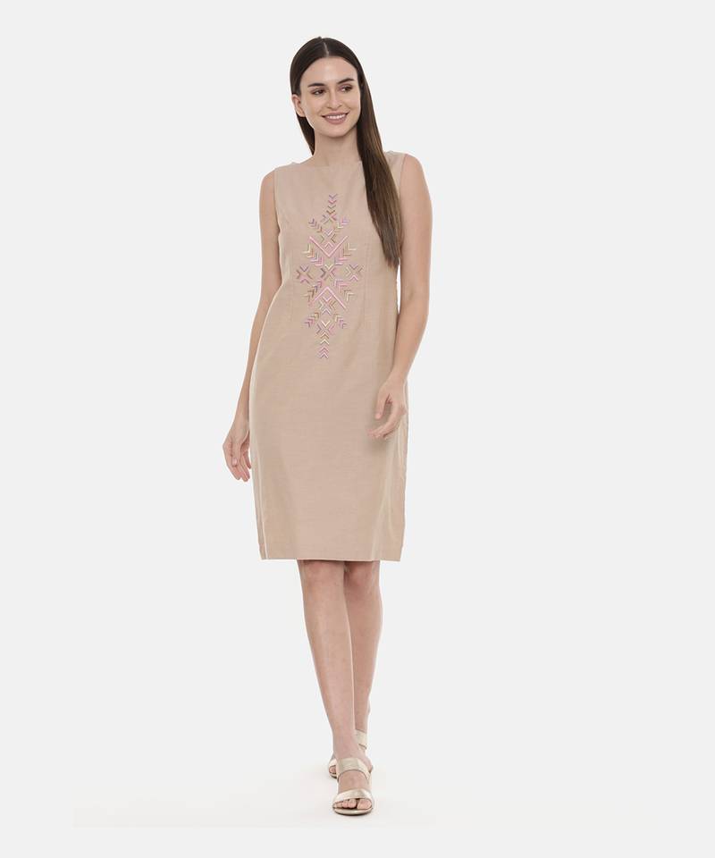 Beige Cotton Embroidered Dress