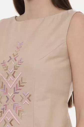 Beige Cotton Embroidered Dress
