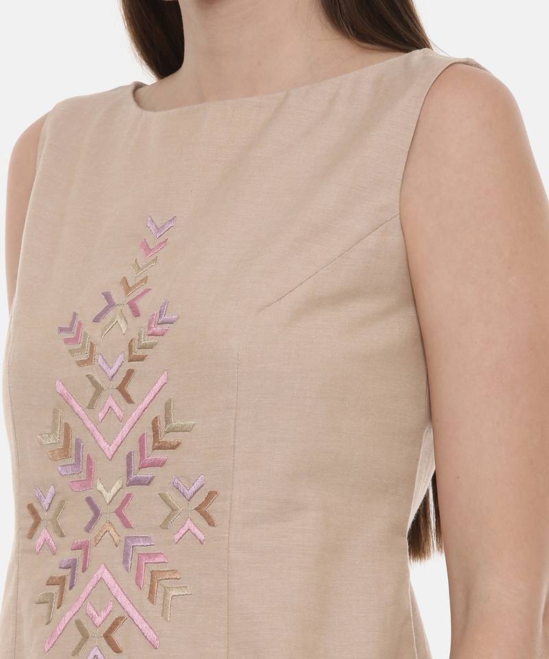 Beige Cotton Embroidered Dress