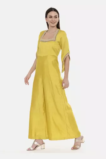 Brown Silk Emb Jumpsuit