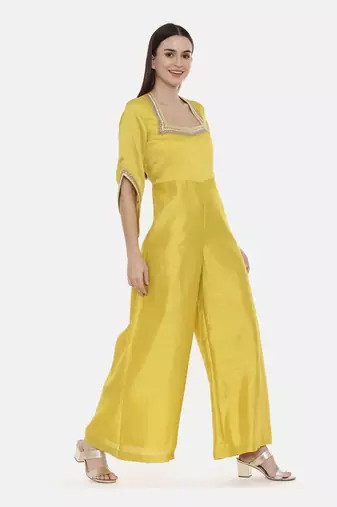 Brown Silk Emb Jumpsuit