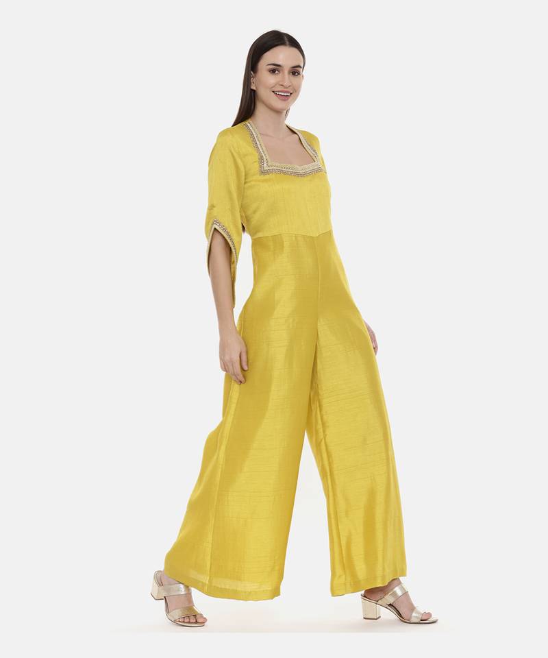 Brown Silk Emb Jumpsuit