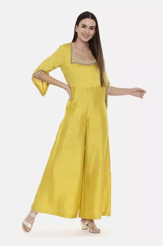 Brown Silk Emb Jumpsuit