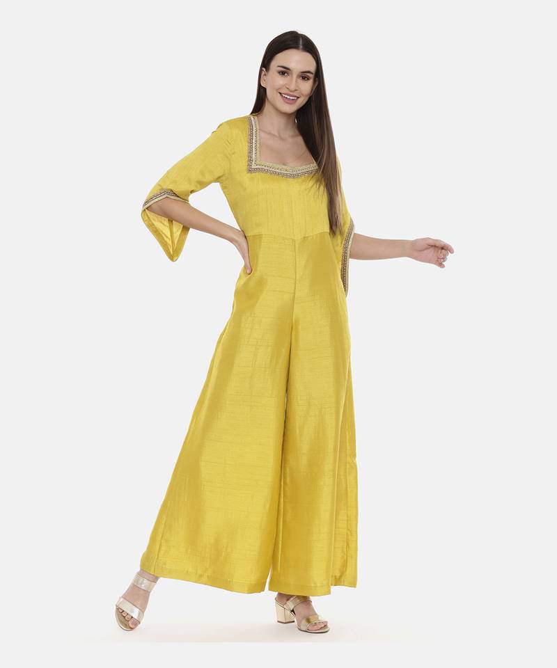 Brown Silk Emb Jumpsuit