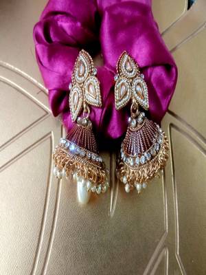 Gold Plated Designer Maroon Traditional Earrings 1