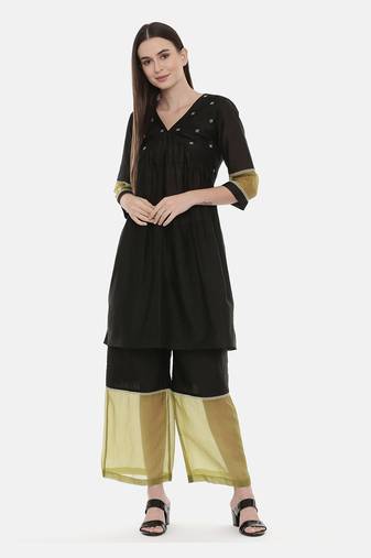 Black Green Chanderi Organza Pants