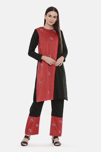Black Red Chanderi  Pants