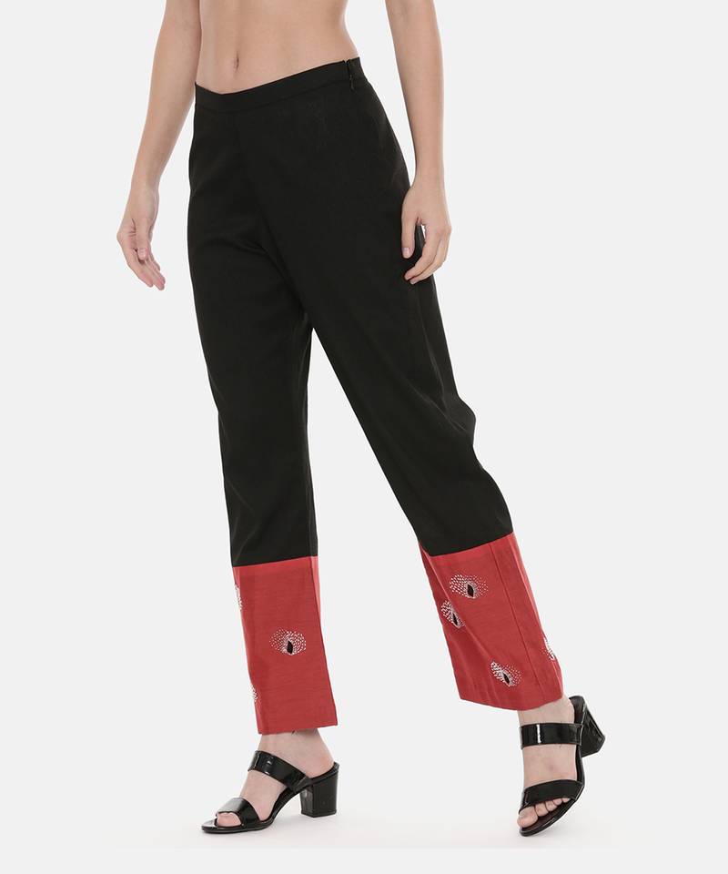 Black Red Chanderi  Pants