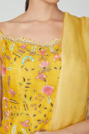 Mustard Pepulum With Sharara And Dupatta