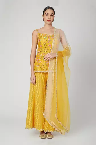Mustard Pepulum With Sharara And Dupatta
