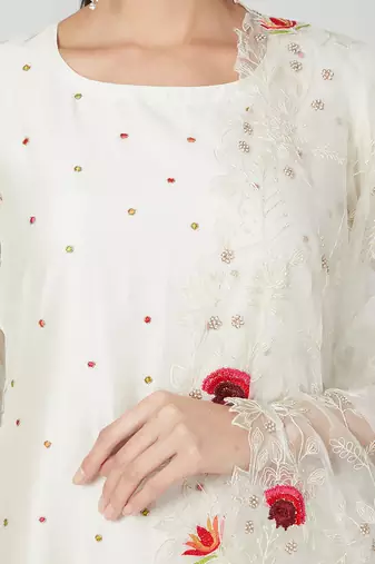 White Straight Kurta With Trouser And Dupatta