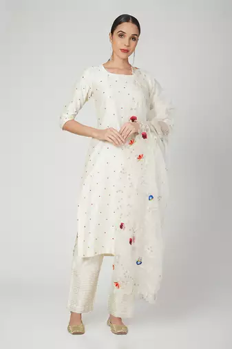 White Straight Kurta With Trouser And Dupatta