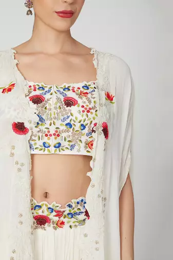 White Sharara With Crop Top And Cape