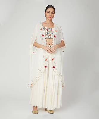 White Sharara With Crop Top And Cape 5