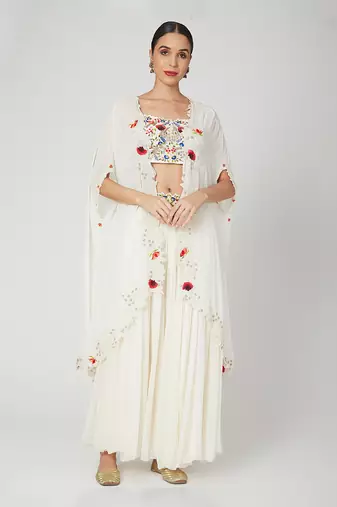 White Sharara With Crop Top And Cape