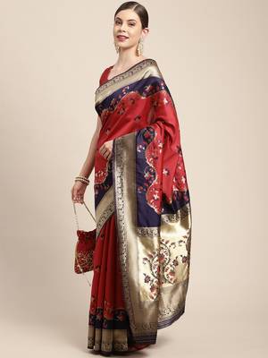 Red woven banarasi saree with blouse 3
