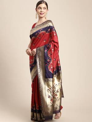 Red woven banarasi saree with blouse 4