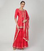 Red 3 Tier Sharara With Kurta And Dupatta