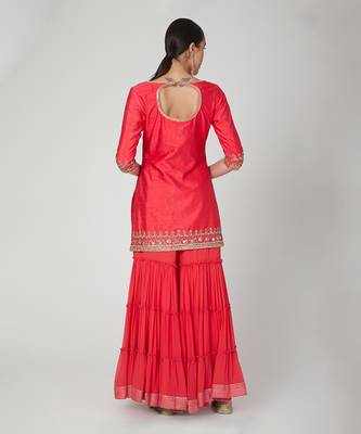 Red 3 Tier Sharara With Kurta And Dupatta 2