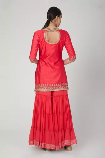 Red 3 Tier Sharara With Kurta And Dupatta