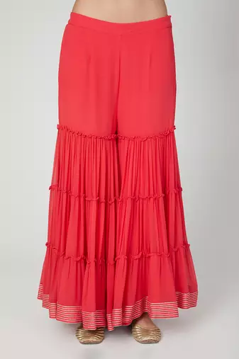 Red 3 Tier Sharara With Kurta And Dupatta