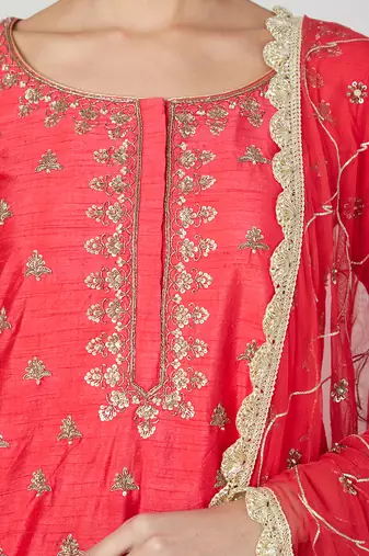 Red 3 Tier Sharara With Kurta And Dupatta