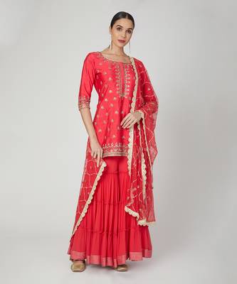 Red 3 Tier Sharara With Kurta And Dupatta 5