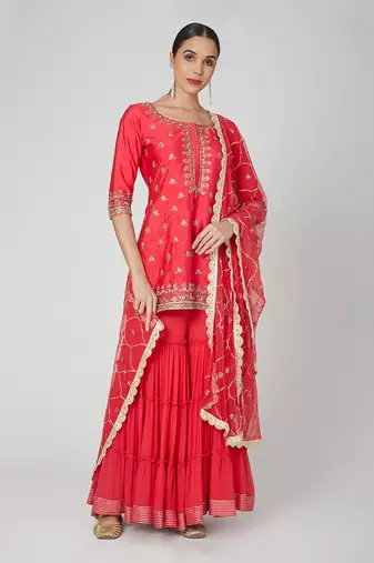 Red 3 Tier Sharara With Kurta And Dupatta