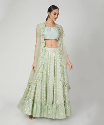 Turquoise Lehenga With Cape Set 1