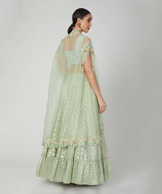 Turquoise Lehenga With Cape Set 2