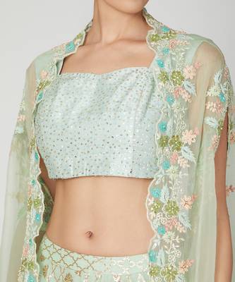 Turquoise Lehenga With Cape Set 4