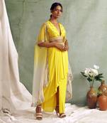 Yellow Crop Top With Draped Skirt And Cape