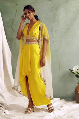 Yellow Crop Top With Draped Skirt And Cape