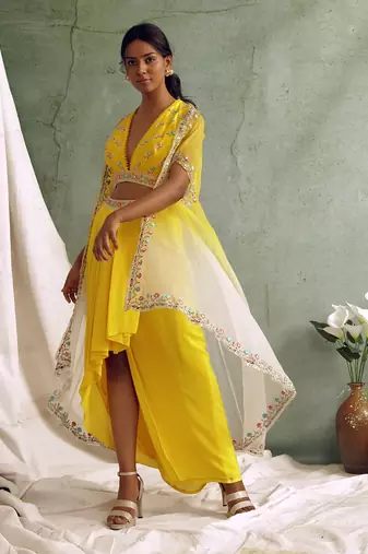 Yellow Crop Top With Draped Skirt And Cape