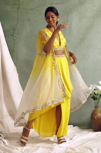 Yellow Crop Top With Draped Skirt And Cape