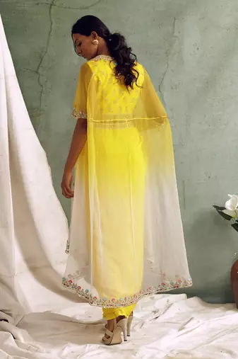 Yellow Crop Top With Draped Skirt And Cape