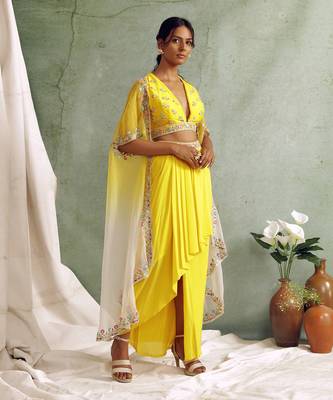 Yellow Crop Top With Draped Skirt And Cape 6