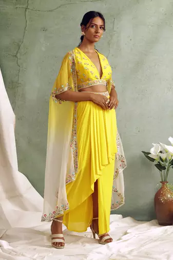 Yellow Crop Top With Draped Skirt And Cape