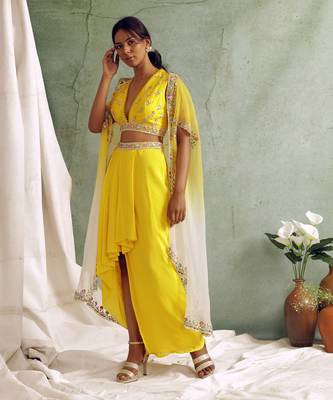 Yellow Crop Top With Draped Skirt And Cape 7