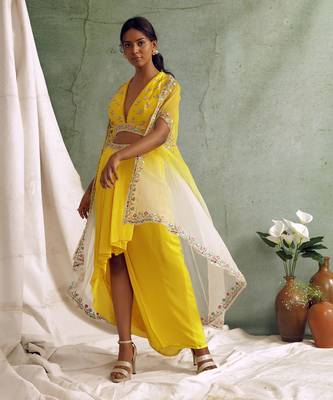 Yellow Crop Top With Draped Skirt And Cape 8