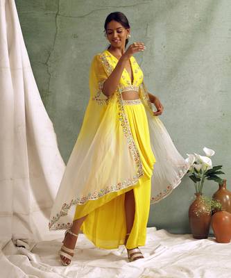 Yellow Crop Top With Draped Skirt And Cape 9