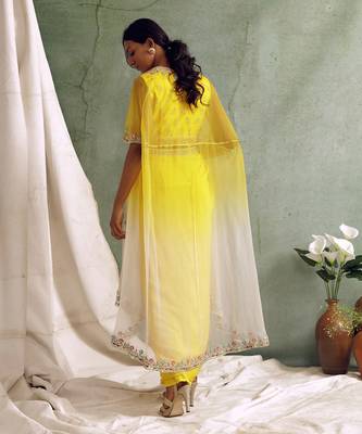 Yellow Crop Top With Draped Skirt And Cape 10