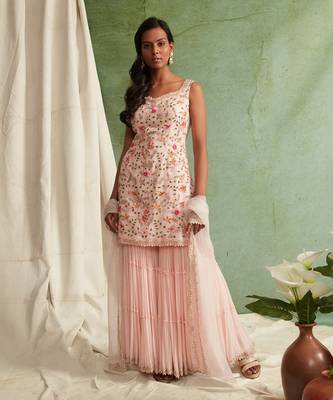 Pink Embroidered Kurta With 3 Tier Sharara And Dupatta 1